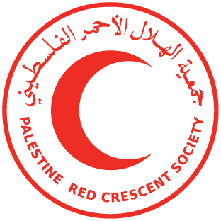 Logo of Palestinian Red Crescent consisting of a red circle with arabic and english red font encompassing a red crescent moon